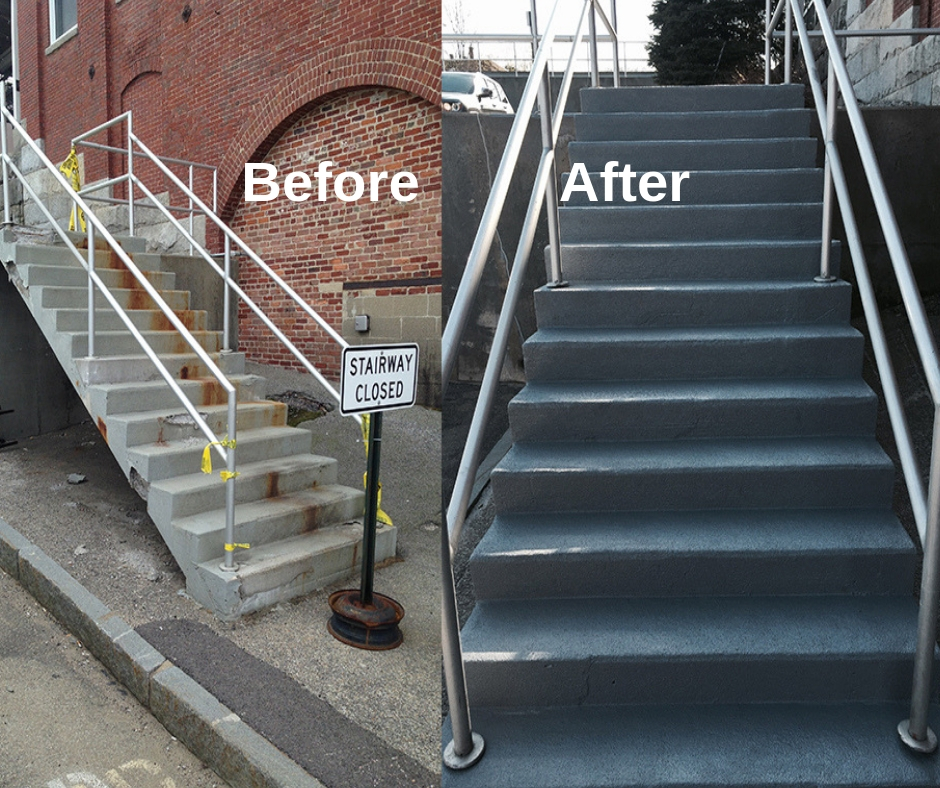 Concrete stair restoration before and after